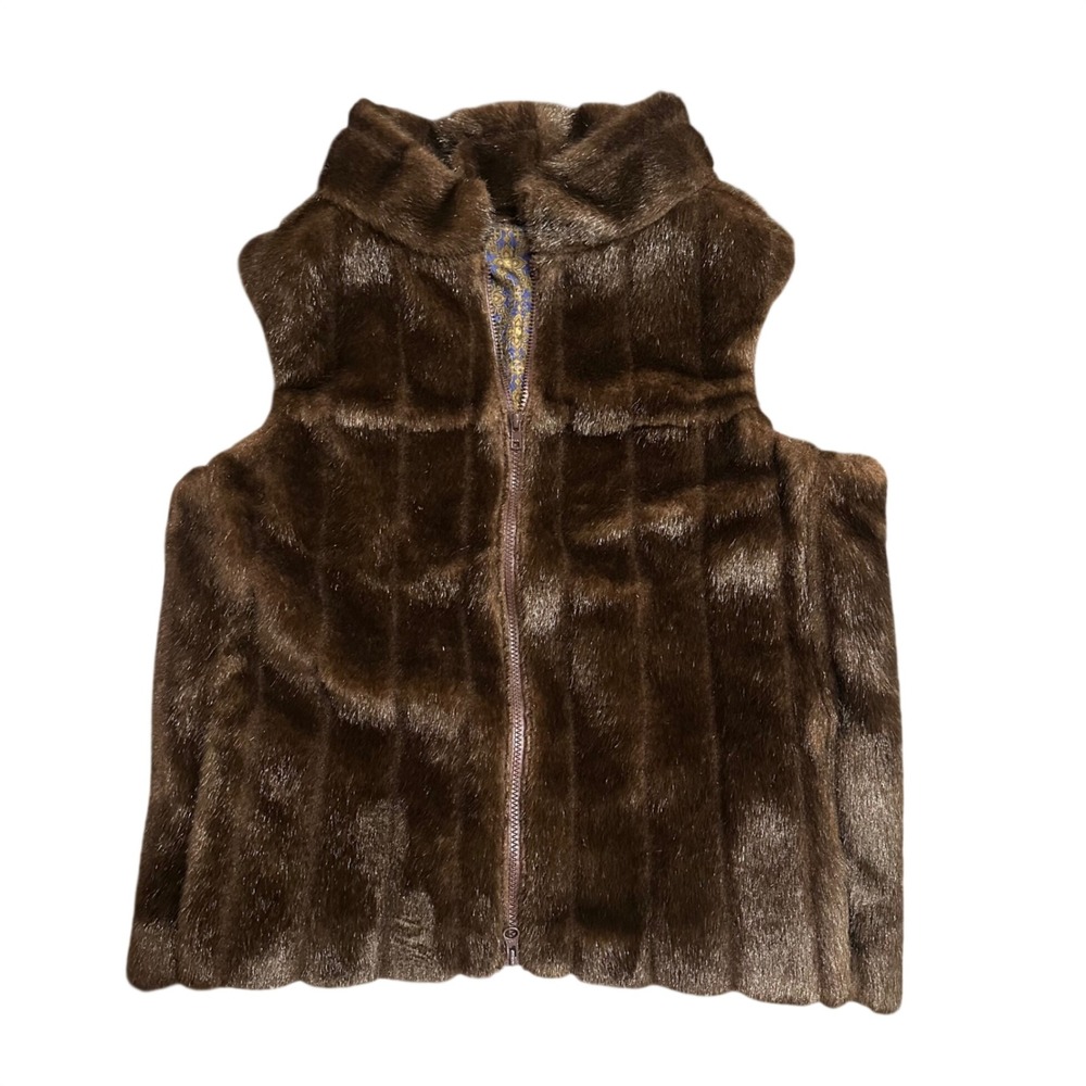 Vintage Sondra Zinn Faux Fur Vest Brown Paneled Zip Up Funnel Neck Paisley